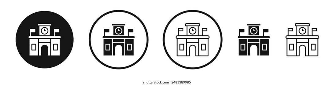 Train station building vector icon set in black and white color.