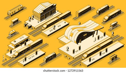 Train station buildings with platforms and electric, diesel locomotives with passenger and freight wagons on rails isometric vector set. Railroad transport infrastructure line art elements collection