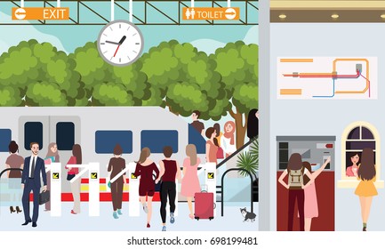 train station busy scene people in rush waiting in gate urban commuter buy ticket 