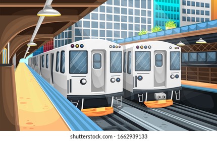 Train Station in the City with High Building Around, KRL Commuter Line, Big Clock, Floor Sign, and Lamps for Vector Illustration Interior Design Ideas