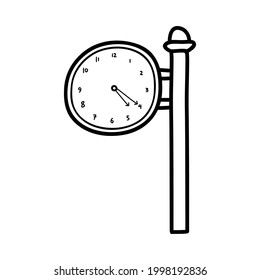 Icono del doodle dibujado a mano en el reloj de la estación de tren. Hora de llegada y salida, concepto de tren y plataforma. Ilustración vectorial para impresión, web, móvil e infografía sobre fondo blanco.