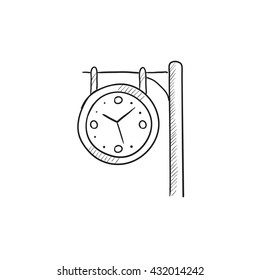 Ícone de esboço vetorial do relógio da estação de trem isolado no plano de fundo. Ícone de relógio da estação de trem desenhado à mão. Ícone de esboço do relógio da estação de trem para infográfico, site ou aplicativo.