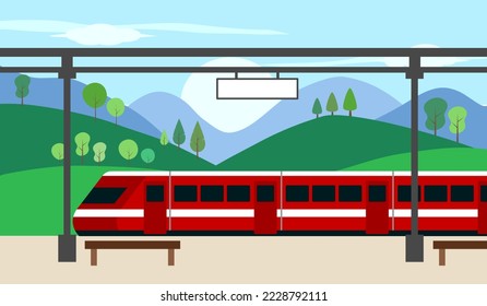 Estación de tren con paisaje de campo sobre fondo de diseño plano. Ilustración vectorial del concepto de estación ferroviaria.