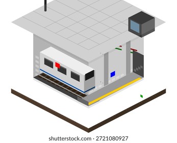 Um projeto de estação de trem mostra uma plataforma com um trem esperando. Há uma área de espera e etapas que levam à plataforma. Cores brilhantes são usadas para detalhes.