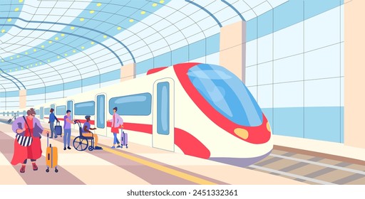 Train Station. An electric train on a platform with passengers. Inclusion human. Fat fashionable woman with a suitcase. Meeting and waiting people with luggage. Vector poster