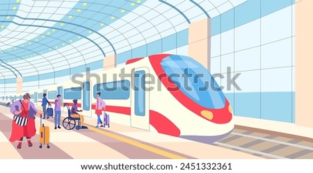 Train Station. An electric train on a platform with passengers. Inclusion human. Fat fashionable woman with a suitcase. Meeting and waiting people with luggage. Vector poster