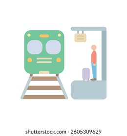 Train station flat icon. Colorful vector illustration of a railway platform, train and a traveler with a suitcase. For transportation, travel concepts. Flat design for mobile app and web sites. 