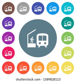 Train station flat white icons on round color backgrounds. 17 background color variations are included.