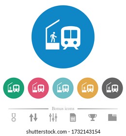 Train station flat white icons on round color backgrounds. 6 bonus icons included.