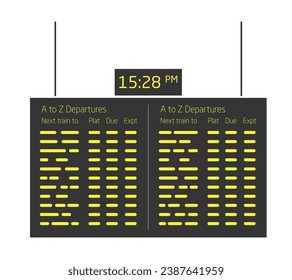 Train station hanging digital panel, board of departures with a clock on the top. Object. Flat style colorful vector illustration on white background.