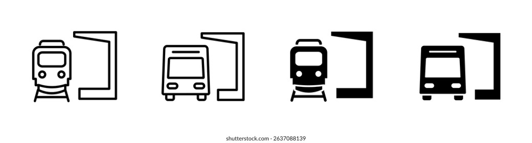 Train station icon. Train and bus standing next to a sheltered stop vector illustration. Public transportation waiting area symbol. Commute and vehicle service point sign. Travel depot pictogram.