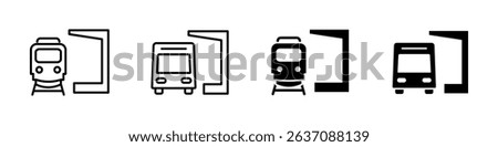 Train station icon. Train and bus standing next to a sheltered stop vector illustration. Public transportation waiting area symbol. Commute and vehicle service point sign. Travel depot pictogram.