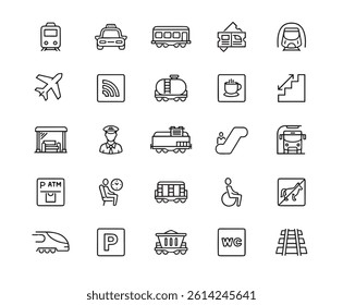 Train Station Icon Set. Editable Stroke. Contains such icons as Rail Transportation, Railroad Track, Railroad Station, Train - Vehicle