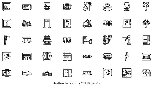 Die Kollektion der Bahnhofssymbole ist eine Vektorillustration mit bearbeitbaren Strichen, die Vielseitigkeit und Anpassung bietet. Perfekt für verschiedene Design-Anforderungen, enthält es hochwertige Grafik 