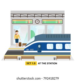 Train station interior flat vector illustration. Young woman is waiting for train.