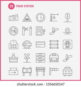 Train Station Line Icons Set For Infographics, Mobile UX/UI Kit And Print Design. Include: Entrance, Railway, Station, Subway, Train, Railroad, Railway, Sign, Icon Set - Vector
