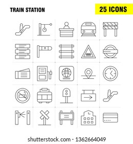 Train Station Line Icons Set For Infographics, Mobile UX/UI Kit And Print Design. Include: Entrance, Railway, Station, Subway, Train, Railroad, Railway, Sign, Icon Set - Vector