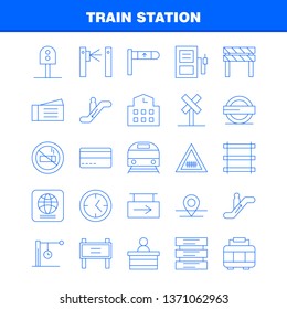 Train Station Line Icons Set For Infographics, Mobile UX/UI Kit And Print Design. Include: Entrance, Railway, Station, Subway, Train, Railroad, Railway, Sign, Icon Set - Vector