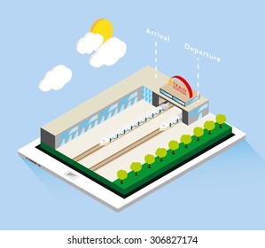 Train station with long building on tablet. On train is departing the train station. Two trains with two railways. Illustration and vector design. 
