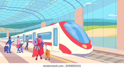 Train Station. Overground metro station. Passenger carriages on a platform with people. Inclusion human. Fat woman. with luggage. Meeting. Vector illustration