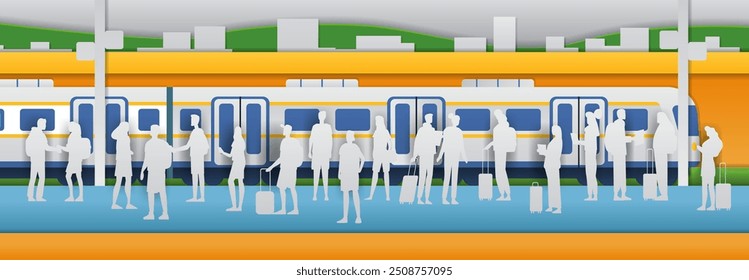 Train station with passengers paper cut style. People waiting on platform with luggage train in background cityscape and green hills. Web banner design