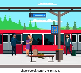 Train station and passengers. Train or subway car has arrived, people are boarding. Conductor checks tickets at travelers. Couple is hugging before leaving. Vector character illustration