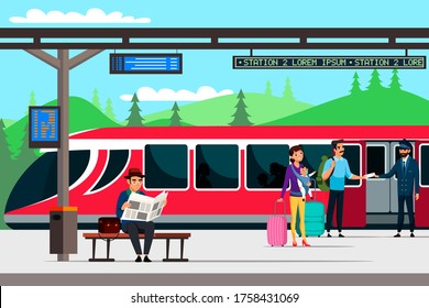 Train station and passengers. Train or subway car has arrived, people are boarding. Conductor checks tickets at traveling family. Vector character illustration