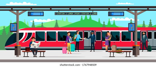 Train station and passengers. Train or subway car has arrived, people are boarding. Conductor checks tickets at traveling family. Couple is hugging before leaving. Vector character illustration
