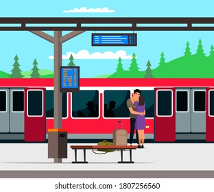 Train station and passengers. Train or subway car has arrived, people are boarding. Couple is hugging before leaving. Vector character illustration.