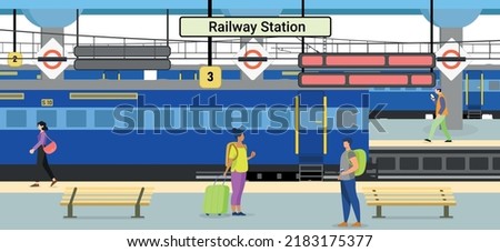 Train At Station, People at station, Railway, People waiting at station, Travel, Tour, Railway platform, Vector flat style cartoon illustration