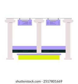 Plataforma de la estación de tren con señales aéreas, que simbolizan el transporte público, el transporte urbano y una zona de espera, Ilustración vectorial plana aislada sobre fondo blanco.