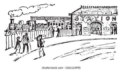 Train station is a railway facility where trains regularly stop to load or unload passengers or freight, vintage line drawing or engraving illustration.