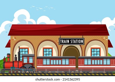 Escena de la estación de tren con ilustración de locomotora de vapor