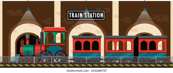 Train station scene with steam locomotive illustration