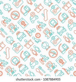 Train station seamless pattern with thin line icons: information, ticket office, toilet, taxi, metro, waiting room, luggage storage, turnstile, no smoking, bicycles rent. Modern vector illustration.
