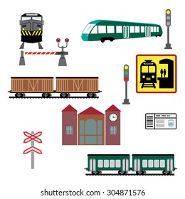 Train station and service icons.Vector set of various elements of railroad (trains)