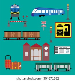 Train station and service icons.Vector set of various elements of railroad (trains)