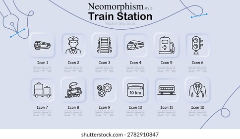 Train station set icon. Train, conductor, rails, highspeed, first aid, signal light, luggage, steam engine, gears, distance, carriage, uniform, railway service, travel system.