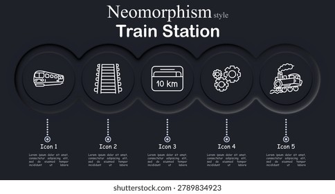 Train station set icon. High speed train transport, railway track line, distance sign kilometer, railway gear mechanism, steam locomotive engine, rail transportation infrastructure.