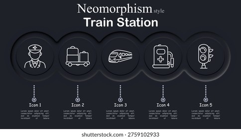 Train station set icon. Neomorphic circular interface line icons with railway conductor uniform portrait, luggage suitcase cart, high speed train front view, medical first aid kit