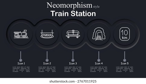 Train station set icon. Neomorphic dark interface circles with line symbols of locomotive train engine, station platform sign, luggage trolley cart, railway tunnel entrance, distance marker