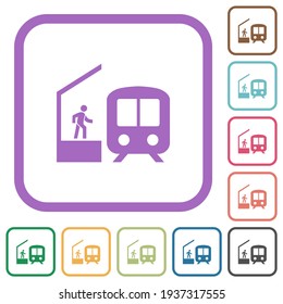 Train station simple icons in color rounded square frames on white background