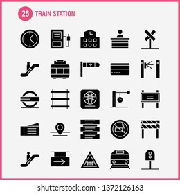 Train Station Solid Glyph Icons Set For Infographics, Mobile UX/UI Kit And Print Design. Include: Entrance, Railway, Station, Subway, Train, Railroad, Railway, Sign, Icon Set - Vector