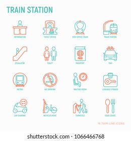 Train station thin line icons set: information, ticket office, toilet, taxi, metro, waiting room, luggage storage, turnstile, food court, no smoking, bicycles rent. Modern vector illustration.