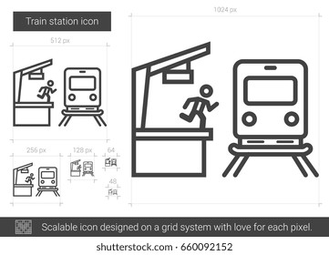 Vektorsymbol der Zugstation, einzeln auf weißem Hintergrund. Das Symbol der Bahnstation für Infografik, Website oder App. Skalierbares Symbol, das auf einem Gittersystem entworfen wurde.