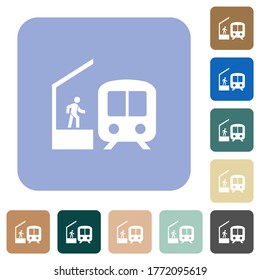 Train station white flat icons on color rounded square backgrounds