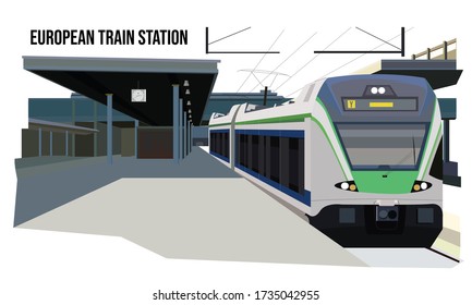 Train Stations in Europe concept visually. Train station, europe, train, electric, and landscape. Vector Flat illustration