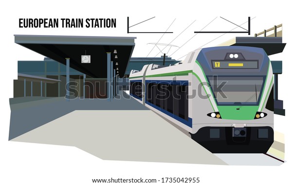 Train\
Stations in Europe concept visually. Train station, europe, train,\
electric, and landscape. Vector Flat\
illustration
