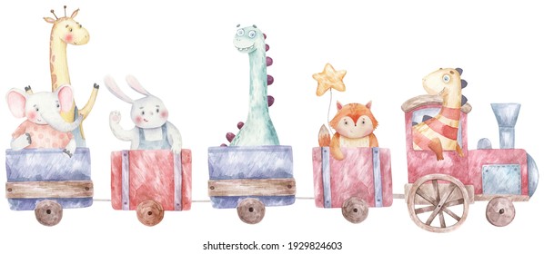 train, steam engine with animals and dinosaurs  children's  illustration on a white background