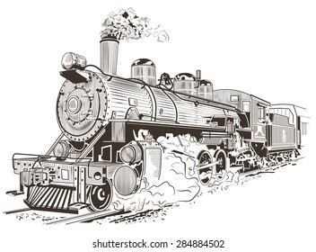 Train, Steam Locomotive Illustration In Vintage Style